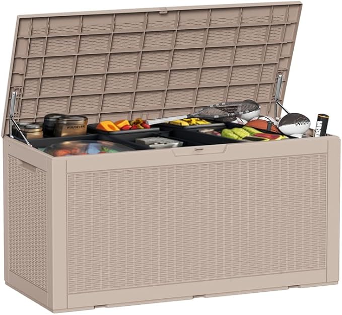 100 Gallon Deck Box Large Outdoor Storage for Patio Furniture,Outdoor Cushions,Garden Tools and Pool Supplies,Waterproof,Resin,Lockable(Grey)-HomvellaHome