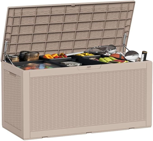 100 Gallon Deck Box Large Outdoor Storage for Patio Furniture,Outdoor Cushions,Garden Tools and Pool Supplies,Waterproof,Resin,Lockable(Grey)-HomvellaHome