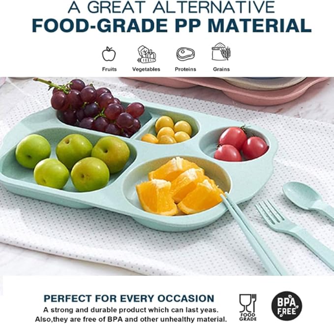 12 Inch Divided Plates4 PCS - Reusable Unbreakable Wheat Straw Plates, Dinnerware Lunch Tray Plates Tableware for Kitchen, Picky Eaters, Campers and Portion Control (Blush)-HomvellaHome