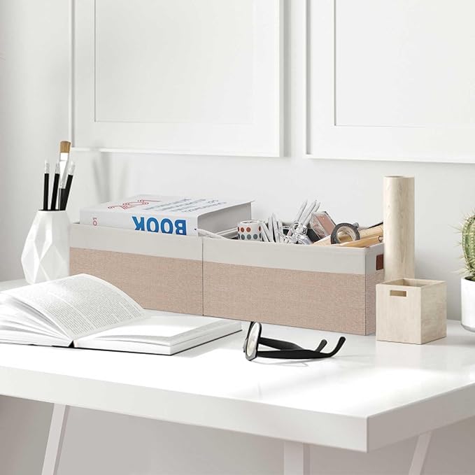 GhvyenntteS Small Fabric Storage Bins 12 Pack, 11.8" x 7.87" x 5.11" Storage Basket with Leather Handles, Closet Storage Bins for Shelves, Storage Baskets for Shelves, DVD Storage (Pink/White)-HomvellaHome