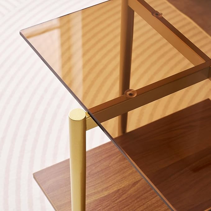 Glass End Table, Mid-Century Modern Design Sofa Table, L41 x W21 x H17, for Living Room, 2-Tier Structure, Clear Glass Top and Walnut MDF Shelf, Sleek Conical Metal Legs with Gold Finish Frame-HomvellaHome