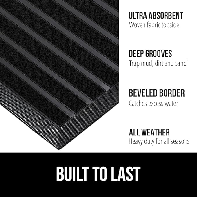 GORILLA GRIP 100% Waterproof All-Season WeatherMax Doormat US Designed Natural Rubber, Stain and Fade Resistant, Low Profile Indoor Outdoor Door Mats, Easy Clean Patio Mat, 23x35, Black Stripe-HomvellaHome