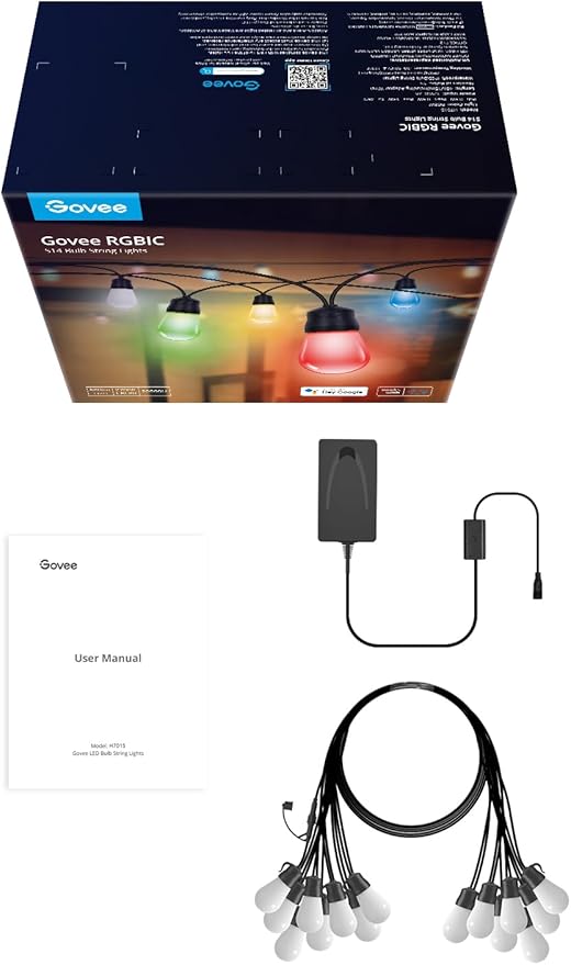 Govee Smart Outdoor String Lights H7015, 48ft RGBIC Outdoor Lights with 15 Dimmable LED Bulbs, IP65 Waterproof, Color Changing Warm White Lights with 47 Scene Modes for Patio, Backyard, App Control-HomvellaHome