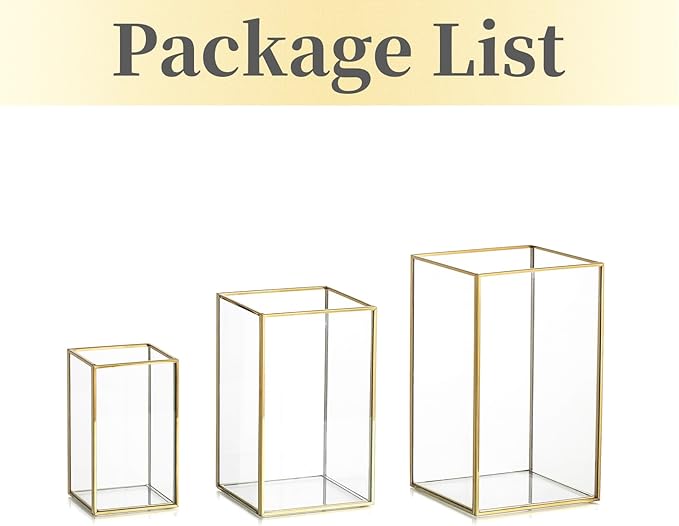Glass Hurricane Candle Holder Large - Hewory 3pcs Gold Rectangle Flower Holders Centerpiece for Table, Tall Floor Square Pillar Candle Lantern for Wedding, Anniversary, Party, Fireplace, Dining Room-HomvellaHome