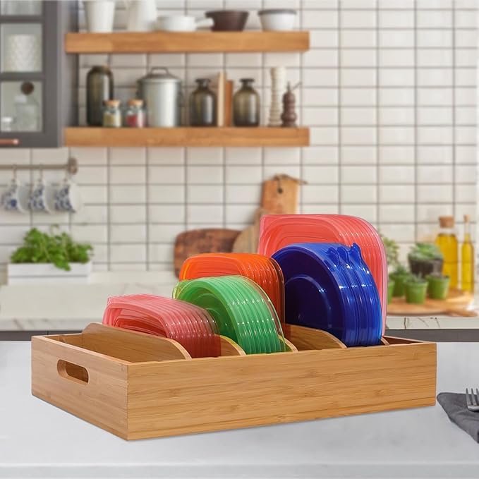 2 Pack Bamboo Lid Holder Food Container, Kitchen Organizer with 5 Adjustable Dividers, Cabinet Organizer for Food, Kitchen Gadget, Container Lids-HomvellaHome