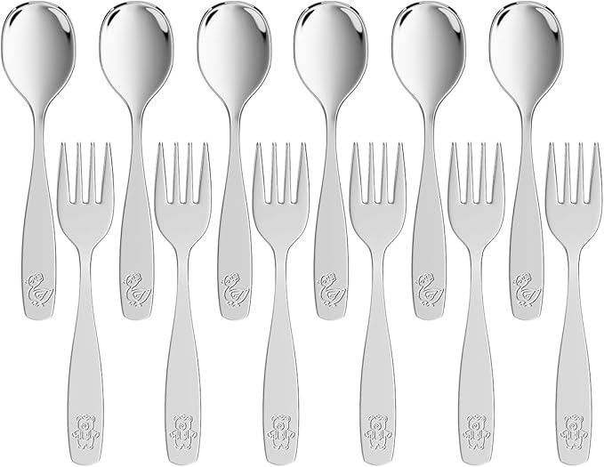 12 Pieces Toddler Utensils, Kids Stainless Steel Silverware Set - 6pcs Forks and 6pcs Spoon, Cute Children Flatware Sets with Mirror Polished, Self Feeding Safe, Dishwasher Safe-HomvellaHome