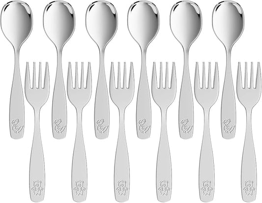 12 Pieces Toddler Utensils, Kids Stainless Steel Silverware Set - 6pcs Forks and 6pcs Spoon, Cute Children Flatware Sets with Mirror Polished, Self Feeding Safe, Dishwasher Safe-HomvellaHome