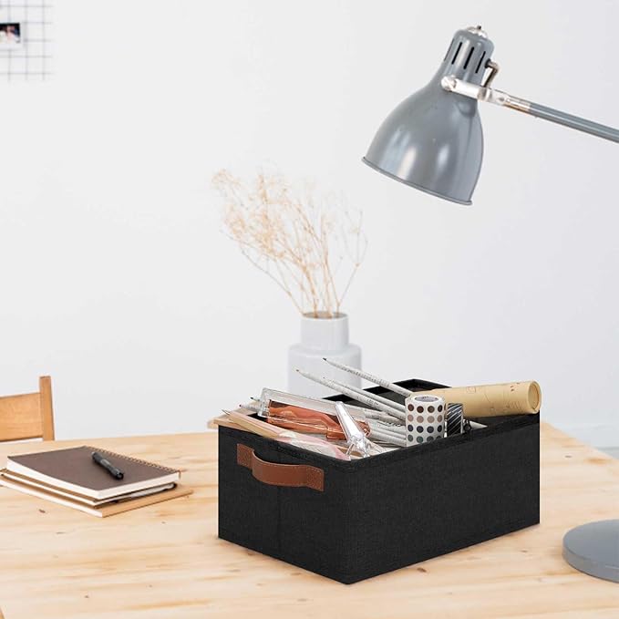 GhvyenntteS Small Fabric Storage Bins 6 Pack, 11.8" x 7.87" x 5.11" Storage Basket with Leather Handles, Closet Storage Bins for Shelves, Storage Baskets for Shelves, DVD Storage (Black)-HomvellaHome