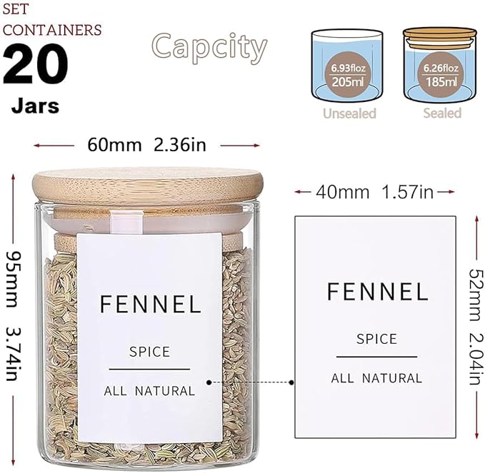 Glass Spice Jars with Bamboo Lids - 20 Pcs Thicken(2.4mm) 6oz Airtight Seasoning Containers with 131 Waterproof Minimalist Spice labels Preprinted - Small herb Jars for Pantry Organization and Storage-HomvellaHome