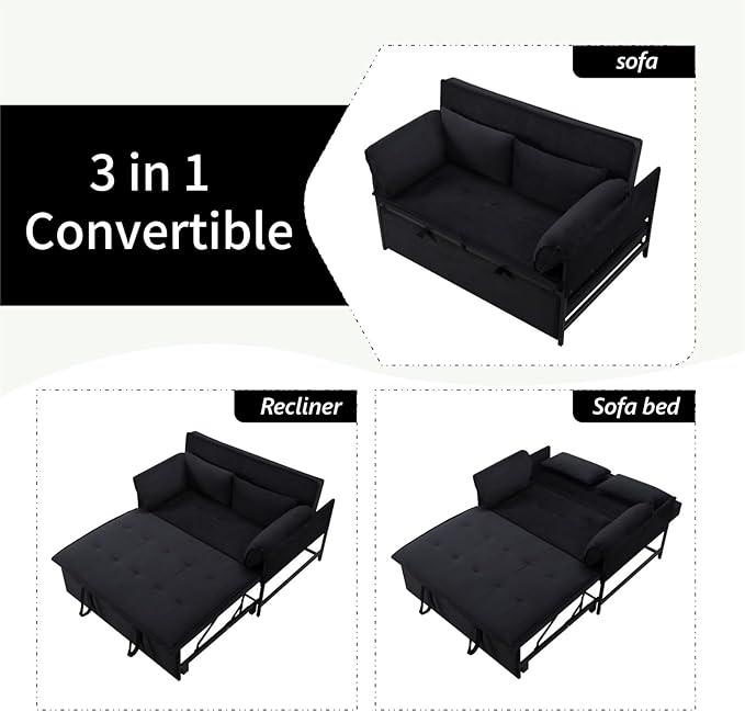 Pull Out Sofa Bed, 46” Futon Couch with Convertible Sleeper, Velvet Pull Out Couch with Adjustable Backrest, Small Sofa Bed with 2 Pillows for Living Room Office Guest Room, Black-HomvellaHome