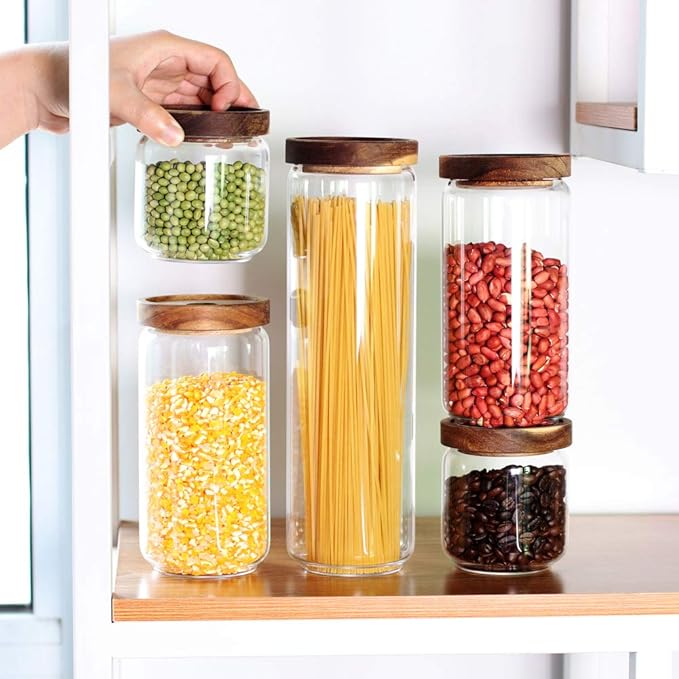 Glass Canisters Set of 5 for the kitchen, Glass Storage Container jars with Airtight Acacia Lid for Coffee Beans, Flour, Sugar, Rice and Spaghetti and etc-HomvellaHome