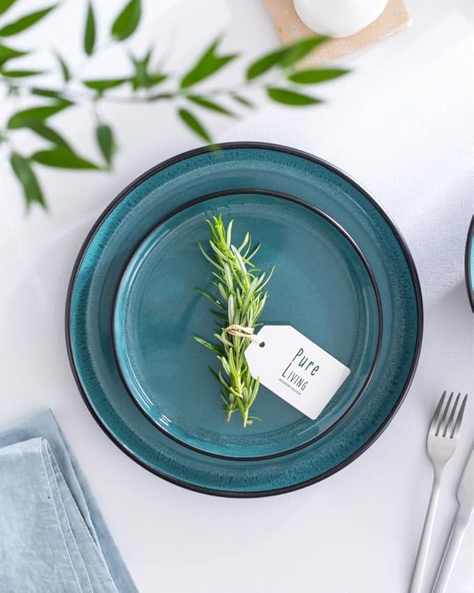 12 Piece Dinnerware Sets for 4 - Modern Style Stoneware Dinnerware Set - Scratch Resistant, Dishwasher Safe Plates and Bowls Sets Ceramic, Dish Set, Bowl and Plate Set - Black and Petrol Blue…-HomvellaHome