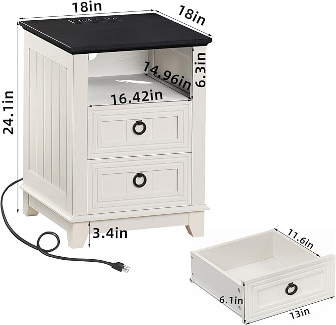 18" Farmhouse Night Stand with Charging Station, 2 Drawers End Table Dresser for Bedroom, White Wooden Nightstand, Bed Side Table with Open Shelf, Bedside Cabinet for Living Room, Closet-HomvellaHome