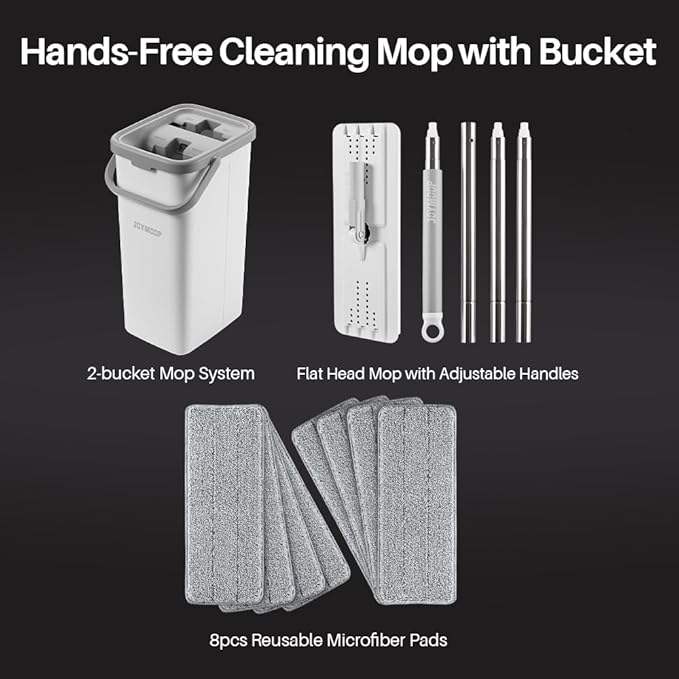 JOYMOOP Mop and Bucket Set, Dust Mops for Floor Cleaning, Wall Mop with 8 Microfiber Mop Head Replacement
