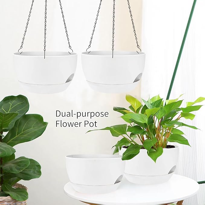 2 Pack Hanging Planters for Indoor Outdoor Plants, 8 Inch Self Watering Hanging Pot with Drainage Holes and Saucer, Plastic Plant Pots, White Flower Pots for Kitchen, Balcony, Garden-HomvellaHome