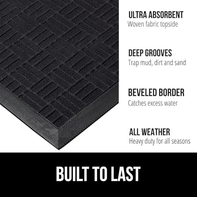 GORILLA GRIP 100% Waterproof All-Season WeatherMax Doormat, 60x24, US Designed Natural Rubber, Stain and Fade Resistant, Low Profile Indoor Outdoor Door Mats, Easy Clean Patio Mat, Midnight Maze-HomvellaHome