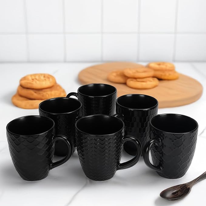 16 OZ Bone Coffee Mugs Set of 6 Matte Black, Large Ceramic Coffee Mugs Set with Different Texture Patterns, Porcelain Cups with Handle for Espresso Latte Tea Milk-HomvellaHome