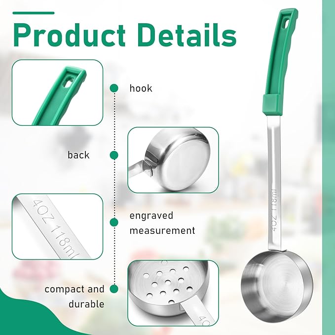 16 Pcs Portion Control Serving Spoons, Restaurant Measuring Serving Ladle Utensils, Portion Control Slotted Scoops for Weight Loss, Solid and Perforated Scoops(Green,4 oz)-HomvellaHome