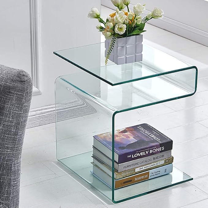 Glass Nightstand,Side Table,S-Shaped End Table for Living Room,Bedside Table for Bedroom (Clear)-HomvellaHome