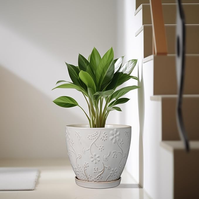 10 Inch Plant Pot Ceramic Planter Pot with Drainage Hole and Saucer Round Planter Large Flower Pot for Indoor Outdoor Plants Home Garden Decor White-HomvellaHome