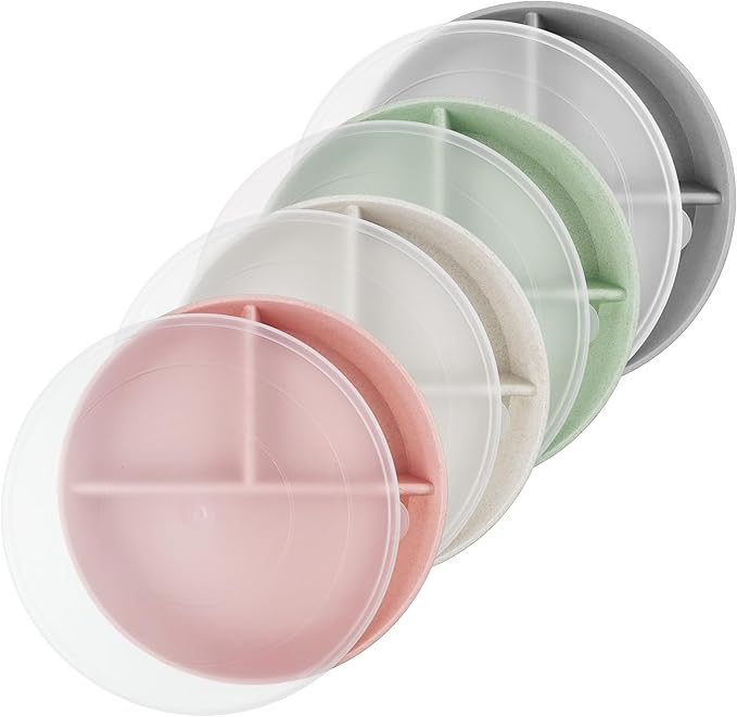 greenandlife 9 Inch 4PCS Divided Plates with Lids, Portion Control Plates for Kids Adults, Dishwasher Microwave Safe Compartment Plate, Unbreakable Lightweight Reusable Wheat Straw Plate Set, INS-HomvellaHome