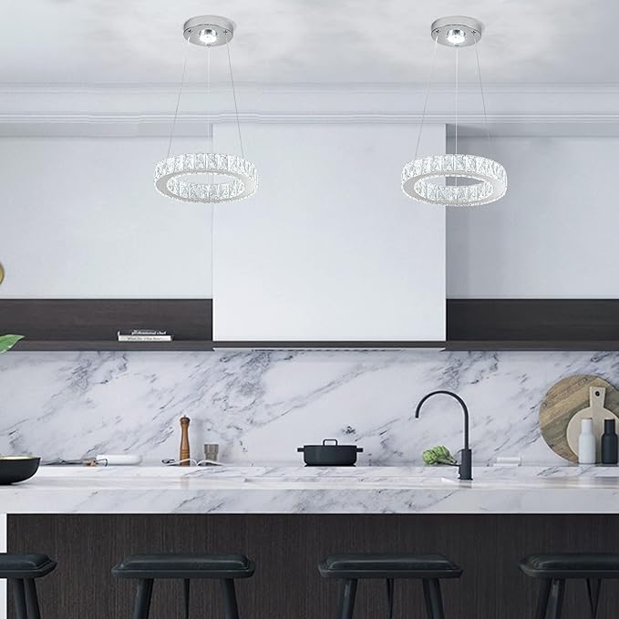 11.8" Crystal Chandelier LED Round Flush Mount Ceiling Light Fixture Modern Hanging Pendant Lighting Mini Ring Chandeliers for Dining Room Kitchen Island Hallway Bathroom (Cool White)-HomvellaHome