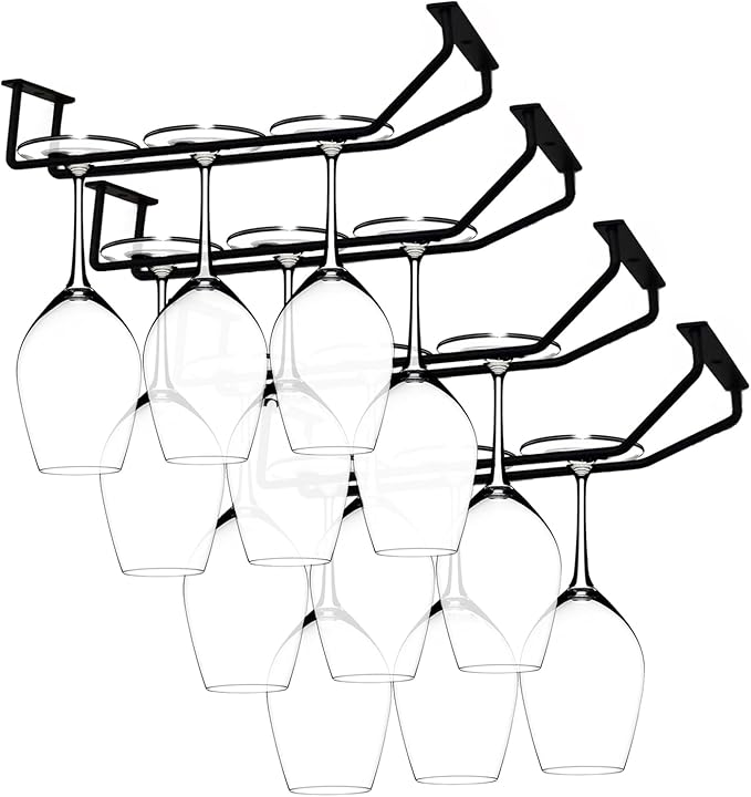 10.8 Inch Black Wine Glass Rack, Under Cabinet Wine Glass Holder Stainless Steel Stemware Rack - Hanging Stemware Holder for Cabinet Kitchen Bar, Set of 4-HomvellaHome