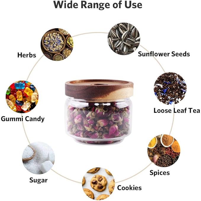Glass Coffee Containers, 8.5 FL OZ/250 ml Kitchen Serving Food Storage Canister with Sealed Wooden Lid, BPA-Free Clear Glass Jar for Tea Leaves, Powder, Spice(3.06 inch)-HomvellaHome