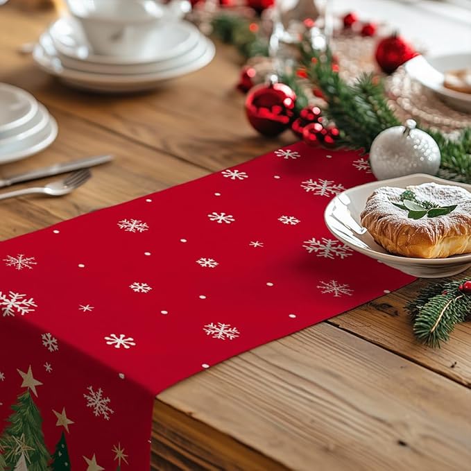 GEEORY Christmas Table Runner 13x108 Inch, Xmas Trees Snowflakes Holiday Decorative Farmhouse Table Decoration for Kitchen Dinning, Indoor Outdoor Dinner Party Decor (Red) GT150-108-HomvellaHome