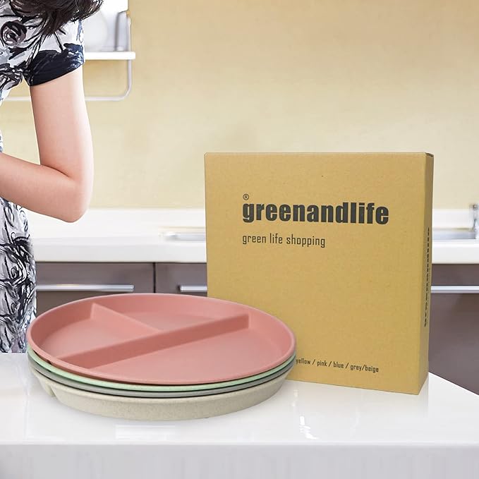 greenandlife 9 Inch (4PCS) Unbreakable Divided Plates for Kids Adults, Dishwasher & Microwave Safe Compartment Plate, Lightweight Reusable Plastic Portion Control Plates, BPA Free and Healthy-HomvellaHome