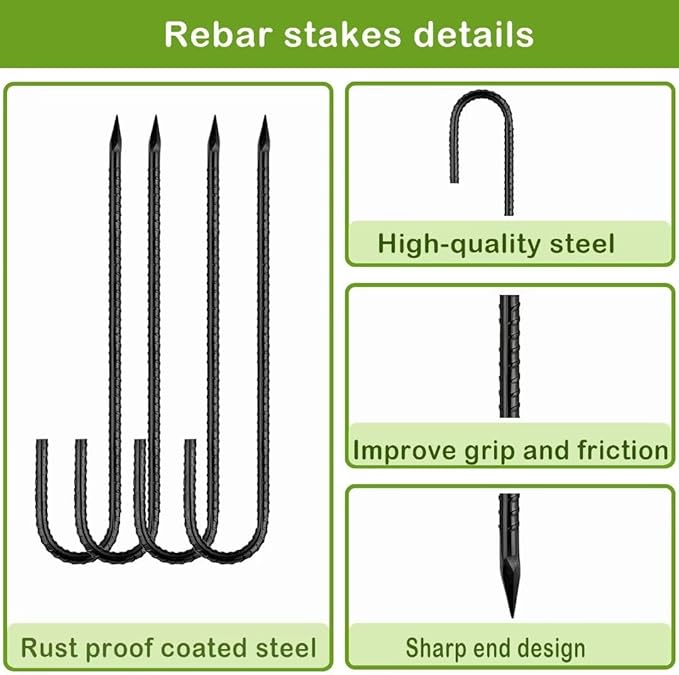 Ground-Stakes-Heavy-Duty-12 inch, J-Hook Rebar Stakes Black Coated Anti-Rust 16pcs Garden Stakes Metal Ground Anchors for Garden Dog Fence Chicken Coop Christmas Decorations Deer Fence-HomvellaHome