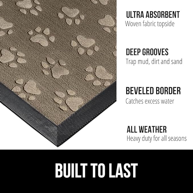 GORILLA GRIP 100% Waterproof All-Season WeatherMax Doormat US Designed Natural Rubber, Stain and Fade Resistant, Low Profile Indoor Outdoor Door Mats, Easy Clean Patio Mat, 17x29, Tan Pawprints-HomvellaHome