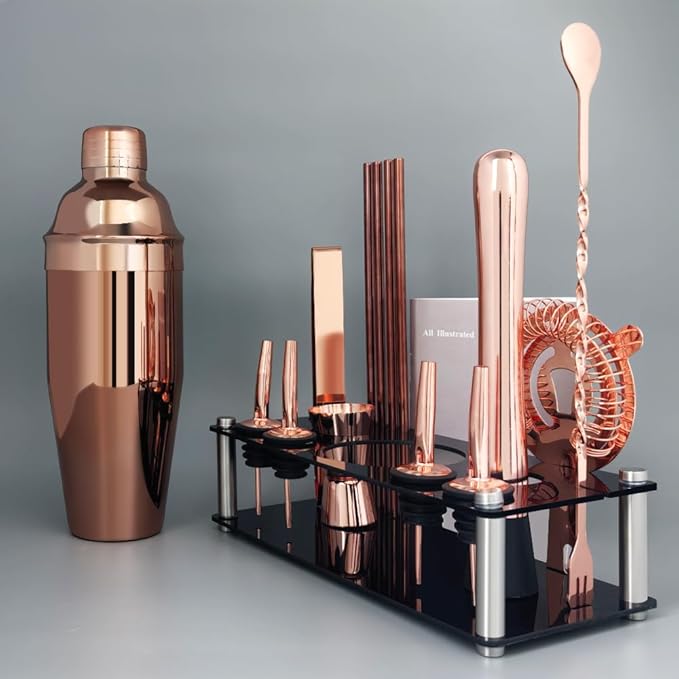 14-Piece Cocktail Shaker Set Bartender Kit with Black Stand, Bar Tool Set for Drink Mixing Bartending Kit Bar Sets Accessories: 750ml(25oz) Shaker, Jigger, Muddler, Cocktail Recipes (Rose Gold)-HomvellaHome