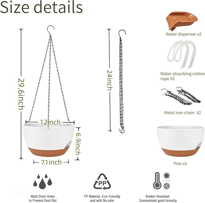 2 Pack Hanging Planters for Indoor Outdoor Plants, 12 Inch Self Watering Hanging Pot with Drainage Holes and Saucer, Plastic Plant Pots, White Brown Flower Pots for Kitchen, Balcony, Garden-HomvellaHome