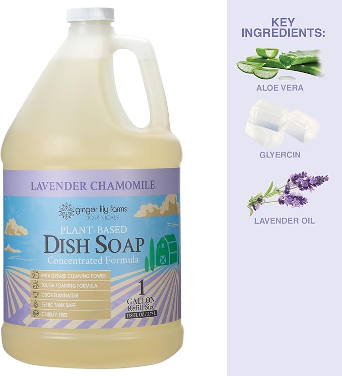 Ginger Lily Farms Botanicals Plant-Based Liquid Dish Soap, Concentrated Formula with Max Grease Cleaning Power, Cruelty-Free, Lavender Chamomile Scent, 1 Gallon Refill (128 Fl. Oz.)-HomvellaHome