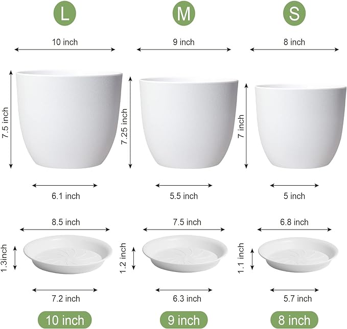 10/9/8 inch Medium Flower Pots, 3 Pack Modern Decorative Plastic Planters with Drainage Holes and Tray, Plant Pots for Indoor Outdoor Plants, White-HomvellaHome