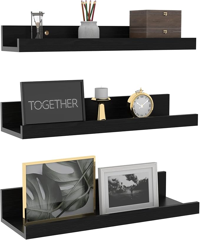 Giftgarden 16 Inch Black Floating Shelves for Wall Mount, Woodgrain Wall Shelf Ledge for Bathroom Bedroom Kitchen Living Room Office Storage, Set of 3 Different Sizes-HomvellaHome