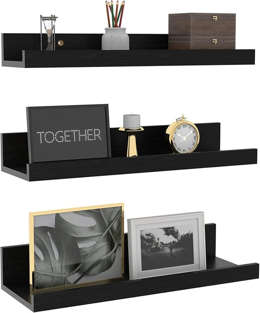 Giftgarden 16 Inch Black Floating Shelves for Wall Mount, Woodgrain Wall Shelf Ledge for Bathroom Bedroom Kitchen Living Room Office Storage, Set of 3 Different Sizes-HomvellaHome