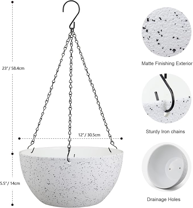 12 inch Large Hanging Planters for Indoor Outdoor Plants, 2 Pack Hanging Flower Pots with Drainage Holes and Chain for Garden Porch, Plastic Hanging Baskets for House Plants, Speckled White-HomvellaHome