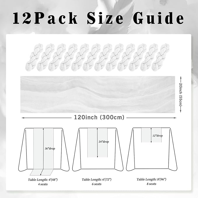 10FT 12 Pack White Cheesecloth Table Runner 20 x 120 Inch Long Rustic Gauze Cheese Cloth Table Runner for Wedding Bridal Baby Shower Table Decorations Boho Fabric Sheer Birthday Party Table Decor-HomvellaHome