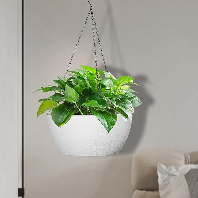 10 inch Hanging Planters for Outdoor Indoor Plants with Drainage Holes and Chain, 2 Pack Round Hanging Flower Plant Pots for Garden Home Porch Decor, White-HomvellaHome