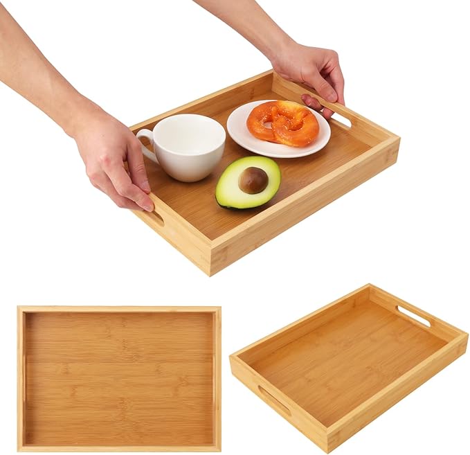 2 Pack Large Bamboo Serving Tray with Handles, 14 x 10 inch Wooden Dinner Tray, Home Kitchen Breakfast Trays for Living Room Bedroom Kitchen Dinner Table, Picnic-HomvellaHome