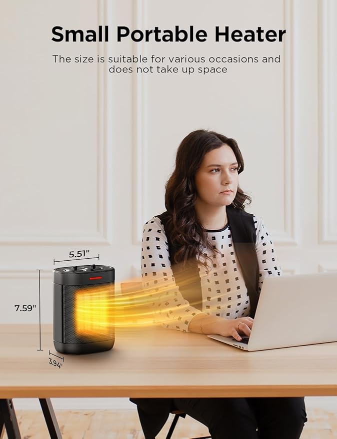 1000W Small Space Heater for Indoor Use, 2S Fast Heating, PTC Ceramic Electric Space Heater with 3 Modes, Thermostat, Overheated & Tip-Over Safety Protection, Portable Heater for Office and Bedroom-HomvellaHome