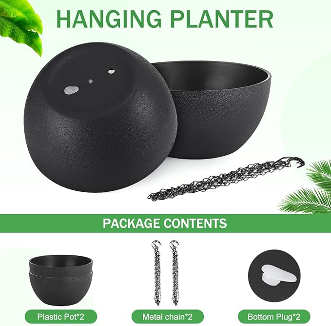 13 inch Hanging Planters for Indoor Plants, 2 Pack Planters for Outdoor Plants with Drainage Holes and Chain, Round Plastic Hanging Baskets, Hanging Flower Pots for Balcony Garden Decor-Black-HomvellaHome