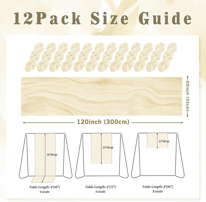 10FT 12 Pack Beige Cheesecloth Table Runner 20 x 120 Inch Long Rustic Gauze Fabric Cheese Cloth Table Runner for Wedding Bridal Baby Shower Table Decorations Boho Sheer Birthday Party Table Decor-HomvellaHome