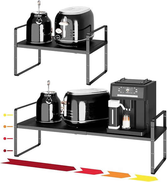 16.5~27.1" Expandable Shelf Organizer, 1Pack 10.2" Wide Stackable Cabinet Shelf Organizers, Black Metal Sturdy Kitchen Counter Storage for Countertop, Adjustable Height Spice Rack-HomvellaHome