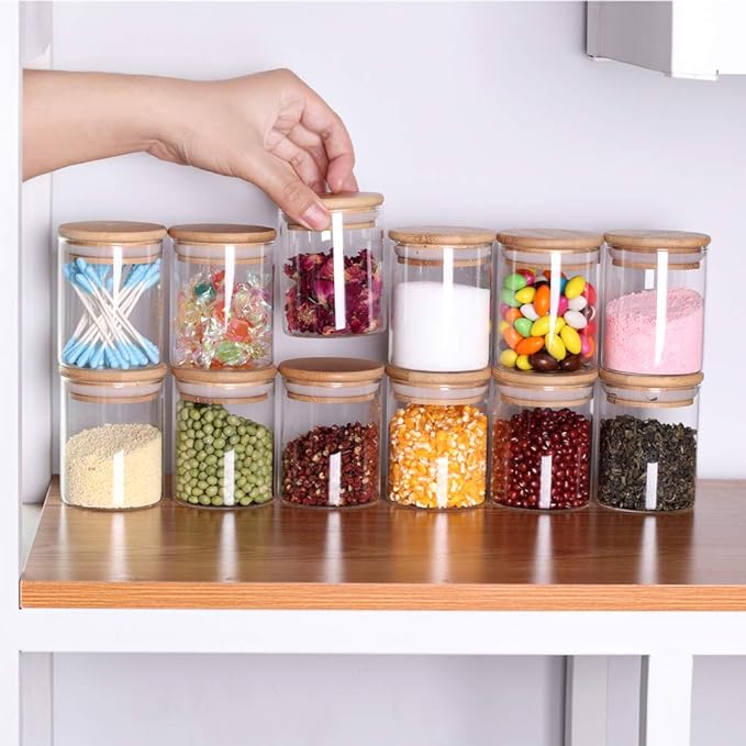 Glass Jars Set,Upgrade Spice Jars with Wood Airtight Lids and Labels, 6oz 12 Piece Small Food Storage Containers for Home Kitchen, Tea, Herbs, Sugar, Salt, Coffee, Flour, Herbs, Grains…-HomvellaHome