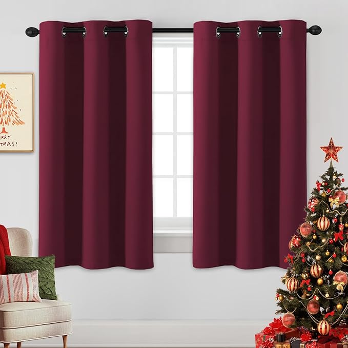 H.VERSAILTEX Christmas Curtains for Bedroom Thermal Insulated Room Darkening Living Room Curtains 63 Inch Long Grommet Privacy Protection Window Curtain Panels/Drapes for Nursery, 2 Panels, Burgundy-HomvellaHome