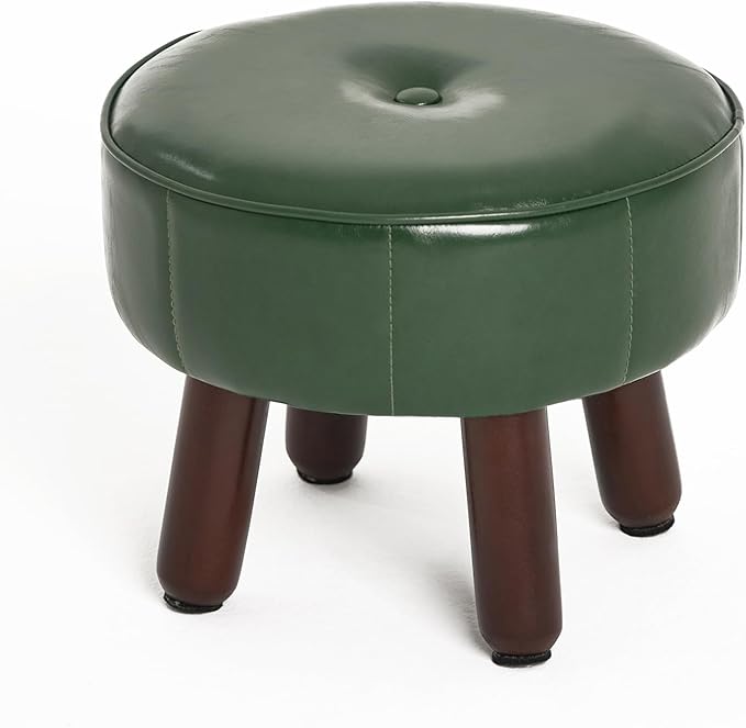 13in Small Foot Stool Ottoman, Round Faux Leather Foot Rest for Couch, Under Desk Pouf Footstool Footrest with Non-Skid Rubber Legs for Ling Room, Bedroom, 13''L x 13''W x 10.2''H, Green-HomvellaHome