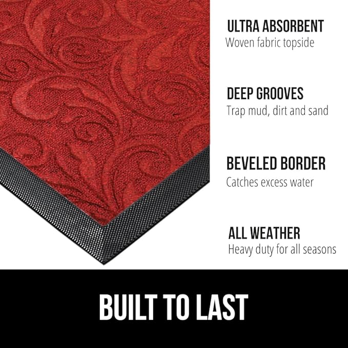 GORILLA GRIP 100% Waterproof All-Season WeatherMax Doormat US Designed Natural Rubber, Stain and Fade Resistant, Low Profile Indoor Outdoor Door Mats, Easy Clean Patio Mat, 17x29, Red Vintage Wine-HomvellaHome